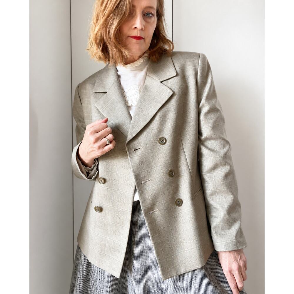 Vintage 90s Amanda Smith Plaid Blazer Neutral Tones Classic Preppy Size 12